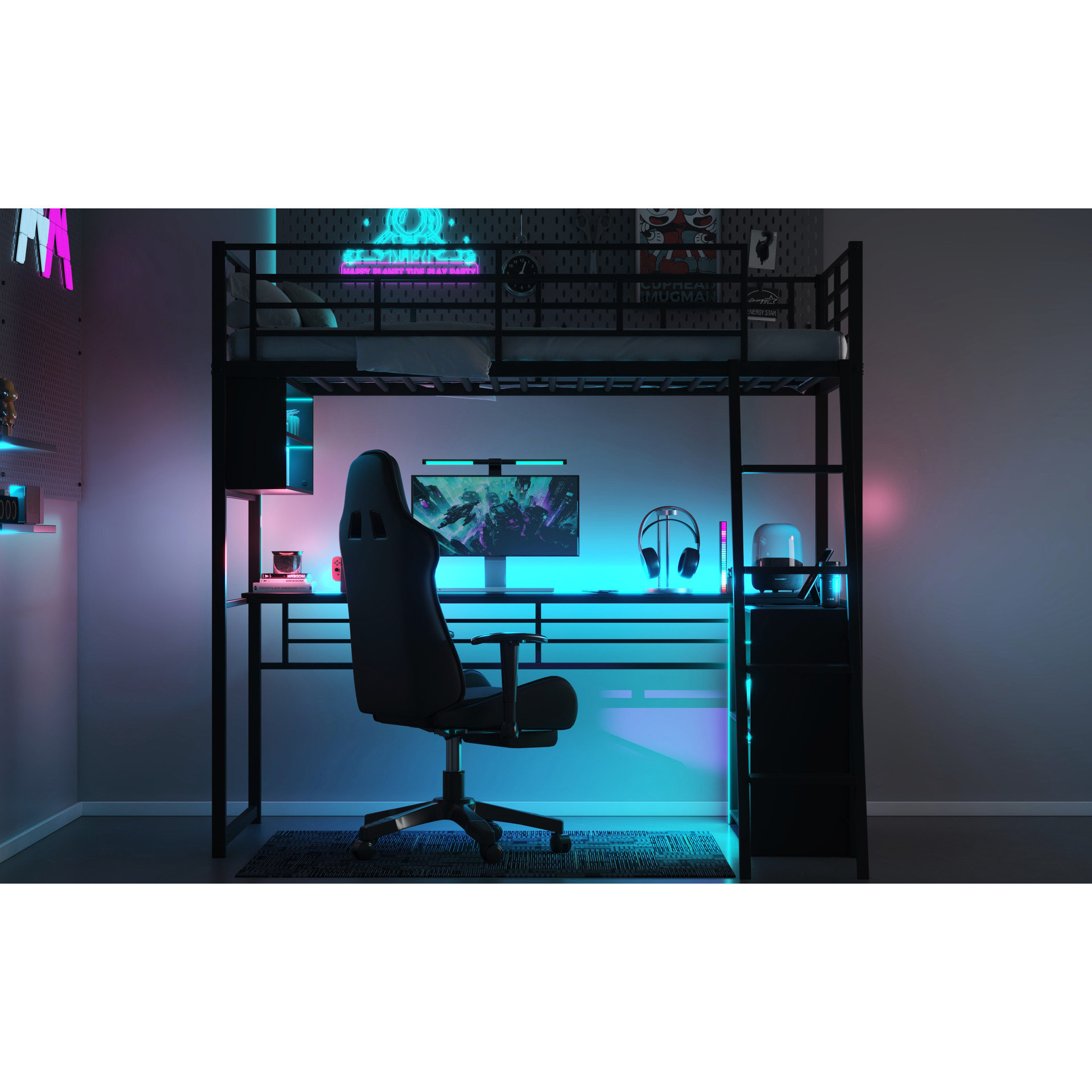Brayden Studio Twin Loft Bed With Led , Desk, Shelves - Space Saving ...