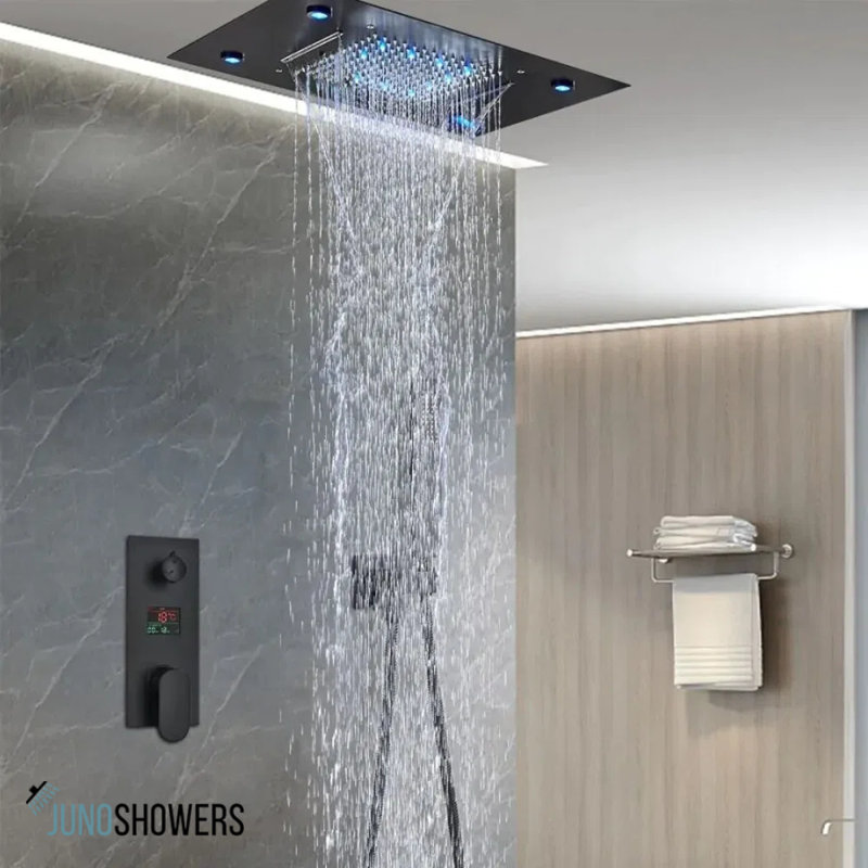 Système de douche noir mat avec pomme de pluie et douchette pour une utilisation polyvalente