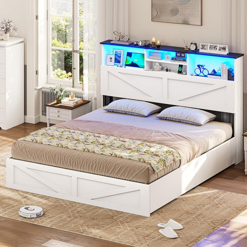 Farmhouse Bed Frame with Bookcase Headboard & 4 Storage Drawers - Rustic Wooden Platform Bed with LED Lights , No Box Spring Needed