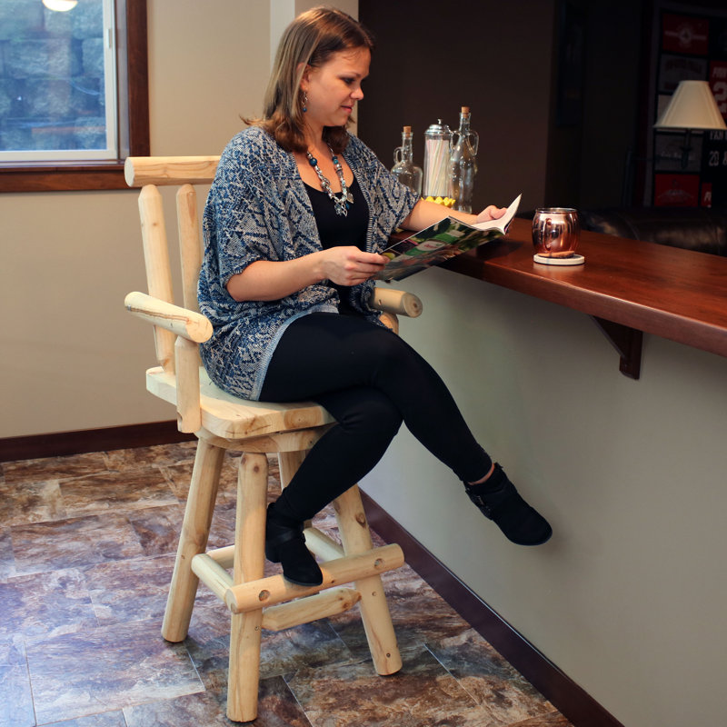Natural Fir Wood Rustic Swivel Bar Stool with Armrests