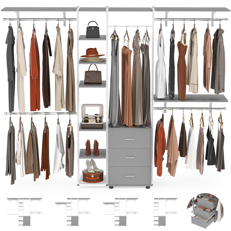 Système d'organisation 96 po avec 5 tringles de suspension et 3 tiroirs en bois, Gris