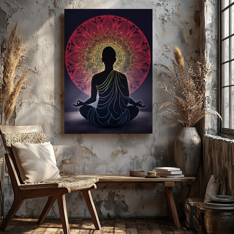 Toile, une silhouette sereine d'une figure assise représentant un art mural méditatif posé sur un grand motif de mandala complexe