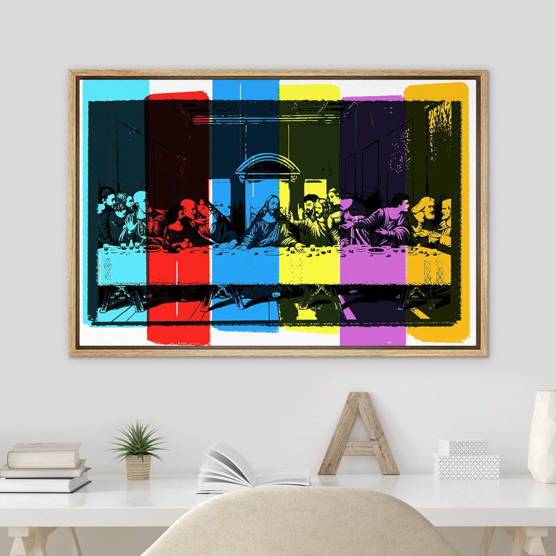 La Cène avec couleur néon, H 24 po x l 36 po x P 1,5 po, Cadre flottant naturel