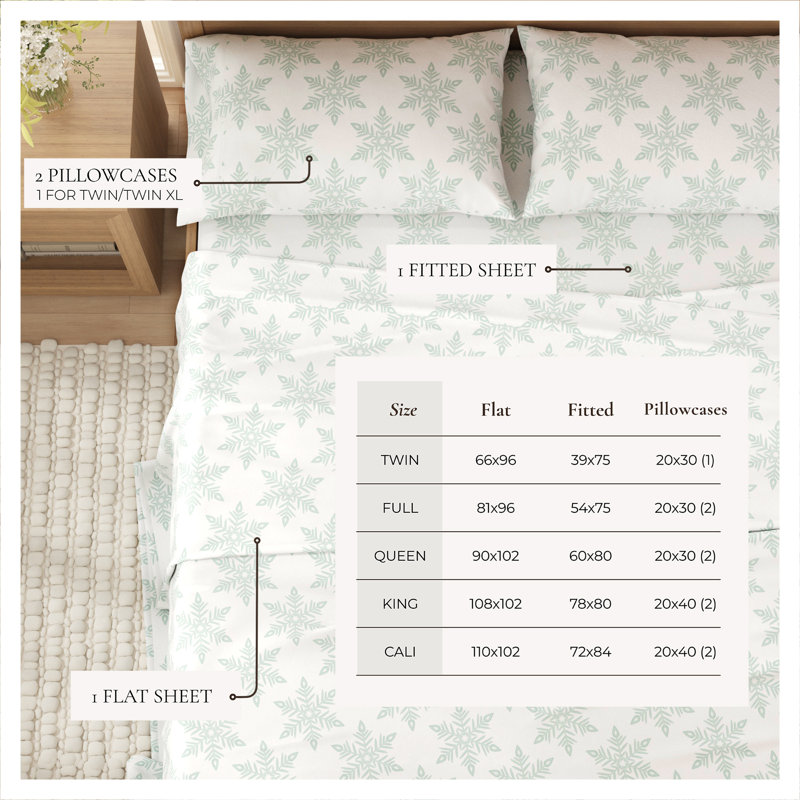 Queen White Snowflake Cotton Flannel Sheet Set