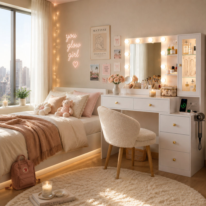 Vanity Desk with Mirror and Lights, Makeup Vanity with 5 Drawers and Hidden Jewelry Organizer, White
