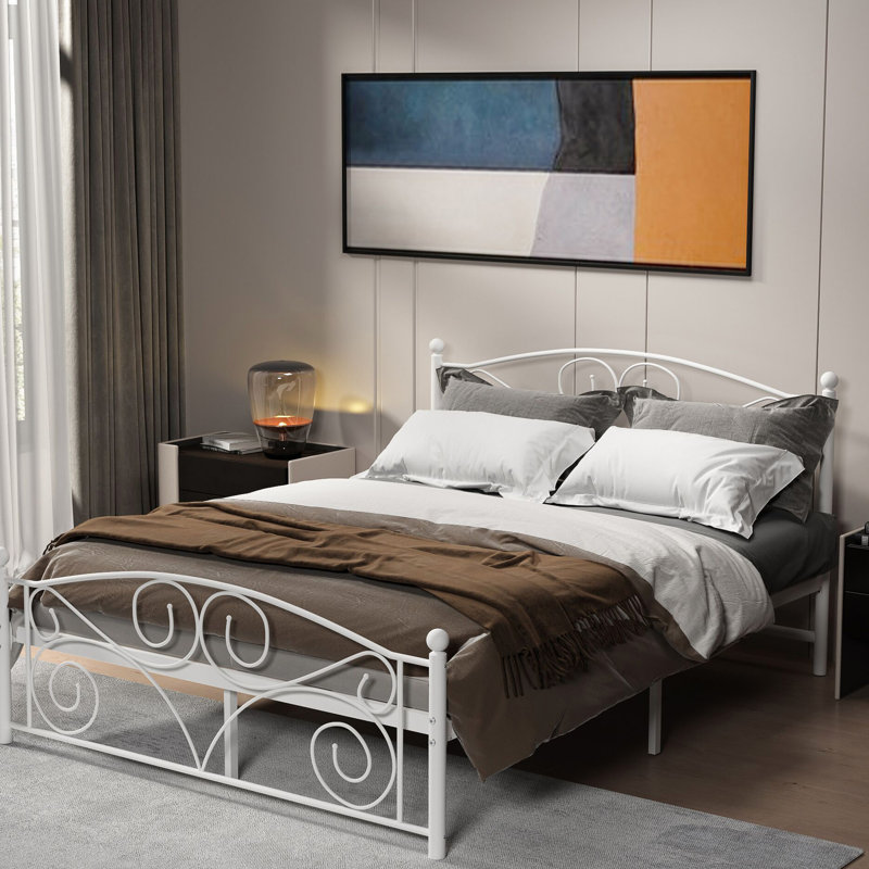 Modern Queen Size Metal Bed Frame, Headboard And , White Color, Silent, Easy Installation, No Box Spring Needed, 600 Lbs Weight Bearing - Stable, Noise-, Compatible With Multiple Mattress Types