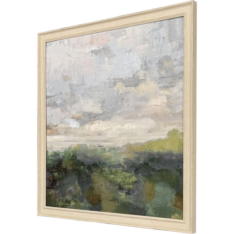Sarah Lang Green and Gray Abstract Landscape Canvas with Distressed Ivory Frame