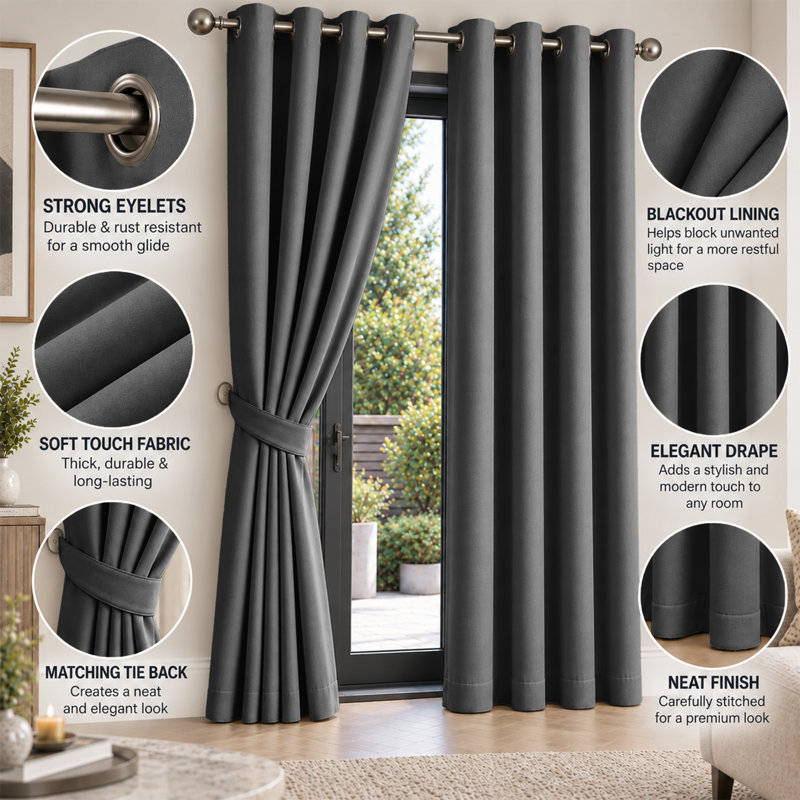 Imperial Homeware London Blackout Curtains, Dark Grey, 117 × 137 cm