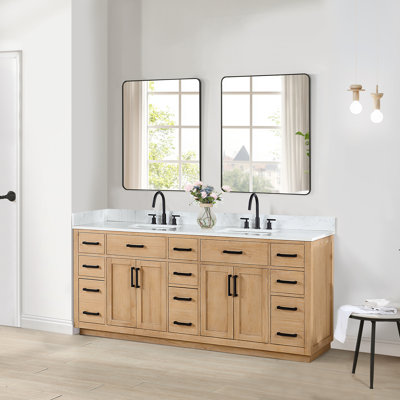 Gavino 84'' Double Bathroom Vanity with Engineered Stone Top with Mirror