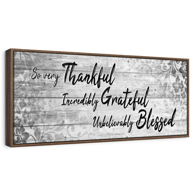 Plaque murale «Thankful Grateful Blessed IV», 25 po x 9 po, Cadre flottant noyer
