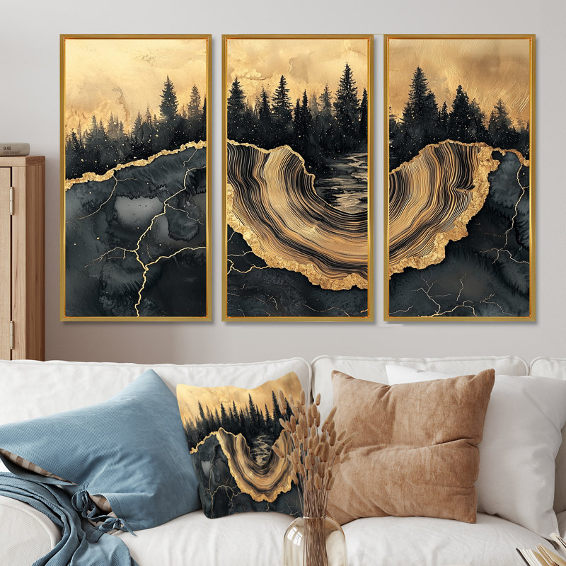 Forêt forêt de cristal onyx noir V - art mural forêt - ensemble de 3, H 32 po x l 48 po, Doré