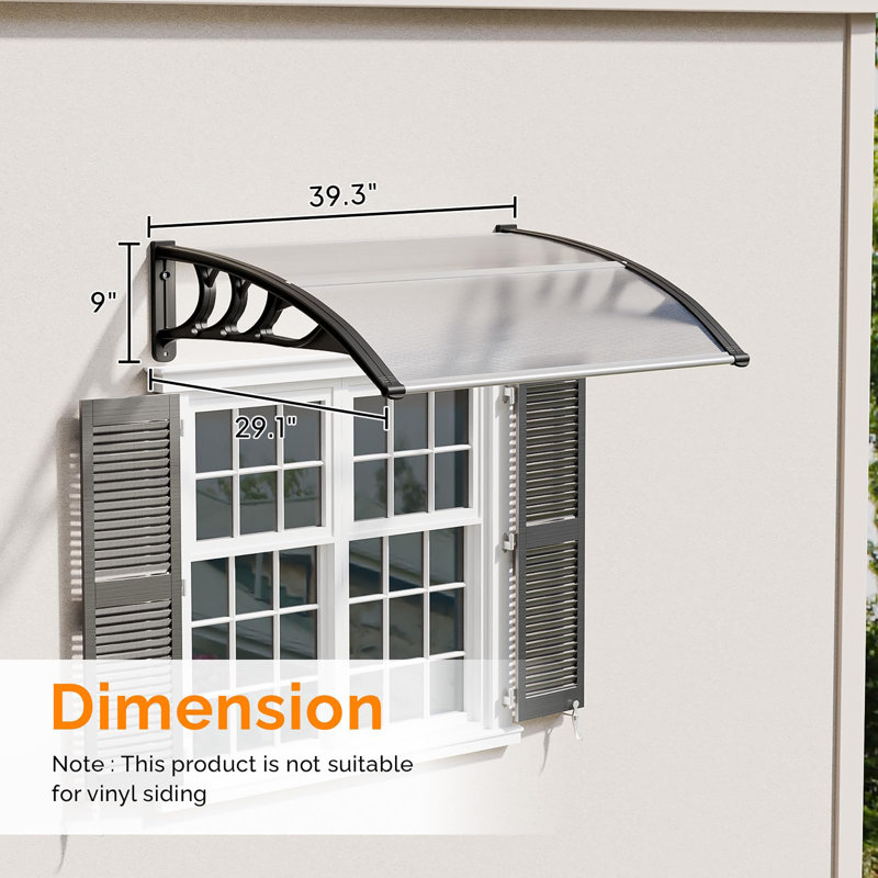 Window Awning Door Canopy Exterior, Clear/Black, 9" H x 39.9" W x 29.1" D