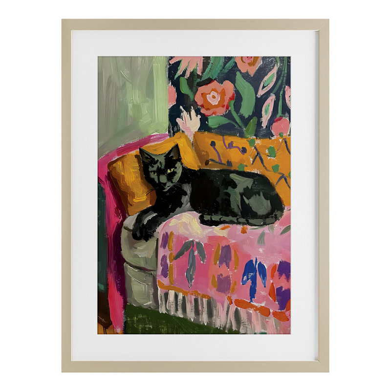 «Relaxed Kitty on Couch», reproduction encadrée sous verre, design par LSR Design Studio, Cadre de récolte en pin