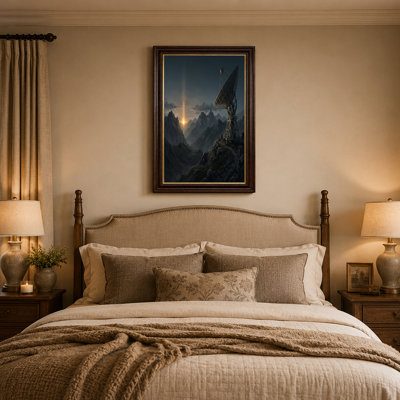 Art sur toile, grand radiotélescope sur une haute montagne au lever du soleil doré