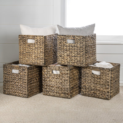 Burtrum Classic Farmhouse Handwoven Hyacinth Collapsible Storage Cube Baskets with Handles