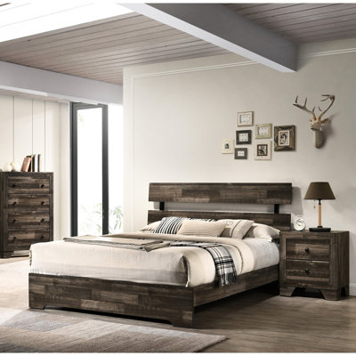 Grand lit rustique, conception plateforme avec style contemporain, finition brune, base de lit à profil bas, bois, meubles de chambre à coucher sans sommier en un