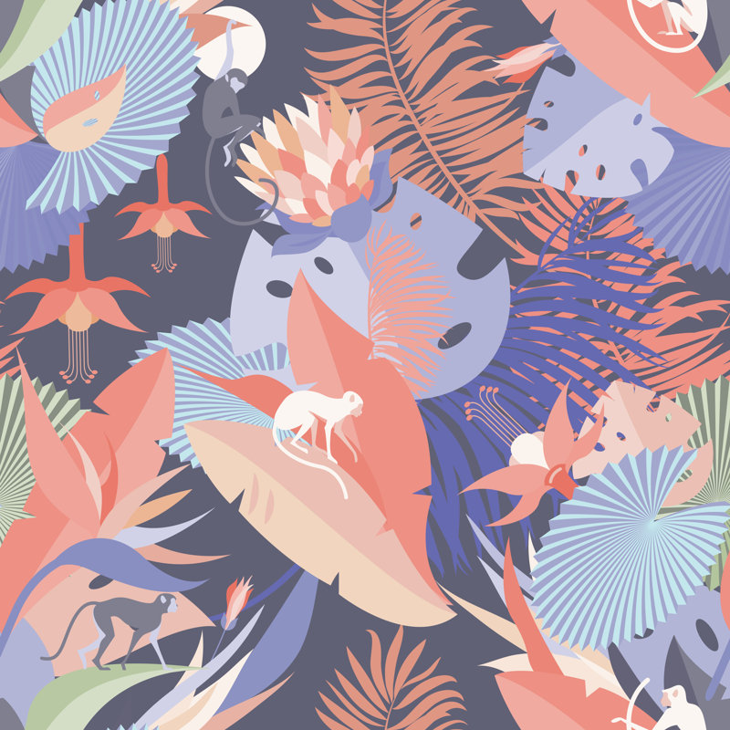 Tropical Plants And Monkeys by Oscar_Ghost - Wrapped Canvas Print, 51cm H x 51cm W x 3.8cm D