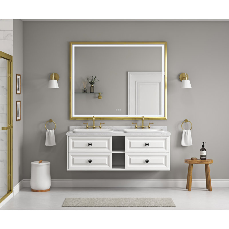Miroir de salle de bain 48 po x 72 po à DEL, fixation murale avec structure en aluminium, brouillard, 3 modes de couleur, éclairage à intensité variable en continu, bord brossé doré 48 po x 72 po, technologie de brouillard, températures, luminosité réglable
