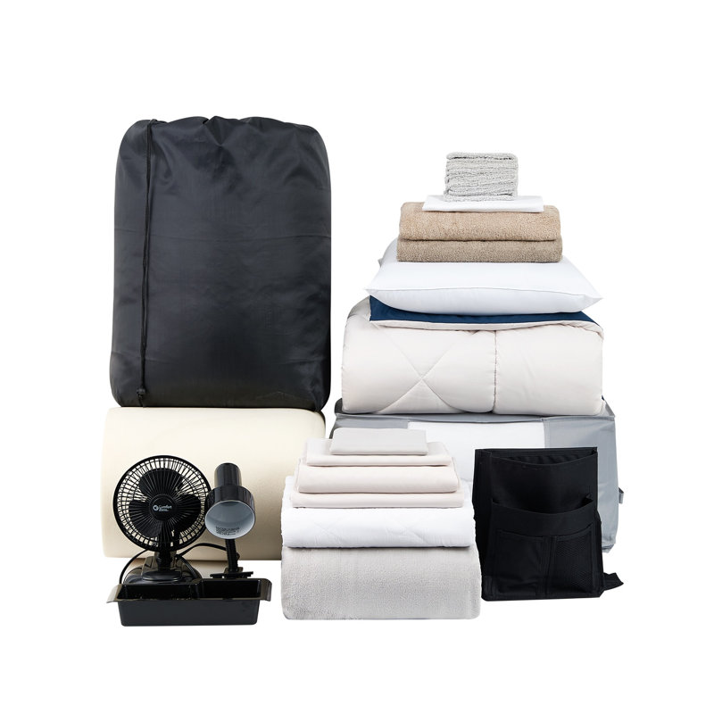 Fully-Loaded - Twin XL Dorm Bedding + College Student Essentials Package, Off White/Navy Blue