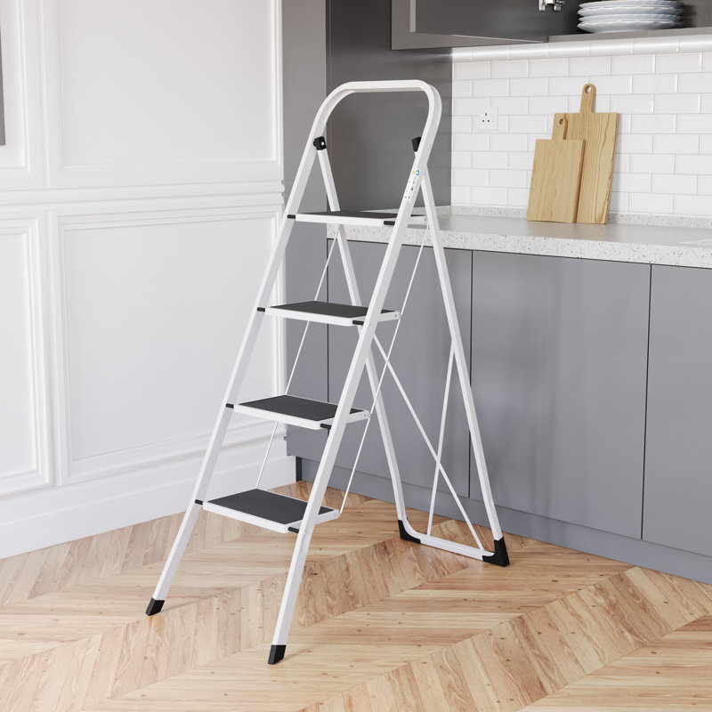 4-Step Steel Portable Folding Heavy Duty Ladder Non Slip Matt, White