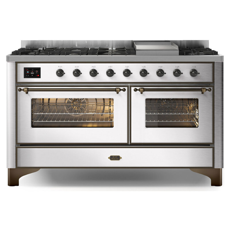 ILVE UM15FDNS3BGG Majestic II 60 inch Dual Fuel Range with 9 Burners, Griddle (Natural Gas, Triple Glass Door, Blue Grey, Brass)