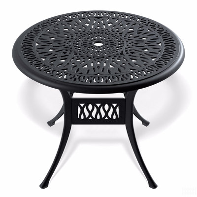 Cast Aluminum Patio Dining Table With Black Frame And Umbrella Hole