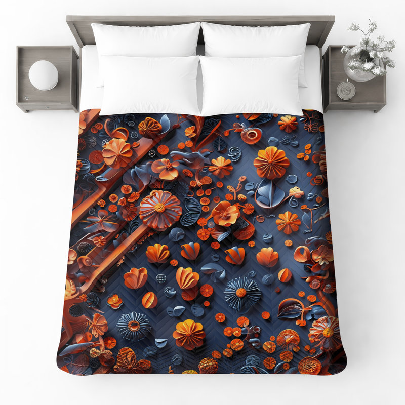 Couvre-lit matelassé à motif floral orange et bleu, Très grand lit