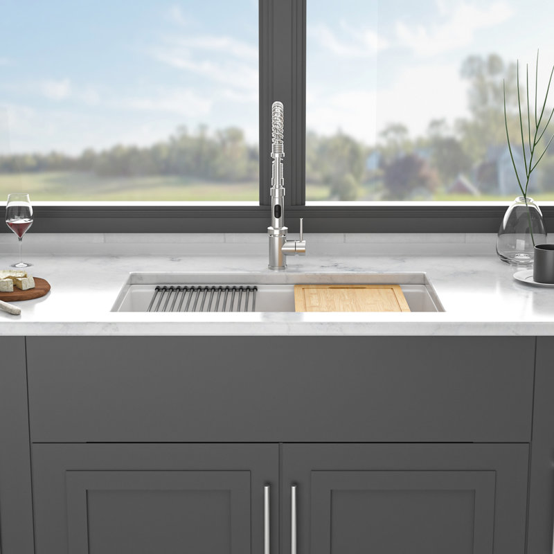 Évier de cuisine en quartz blanc 33 x 19 po - poste de travail robuste avec articles supplémentaires inclus