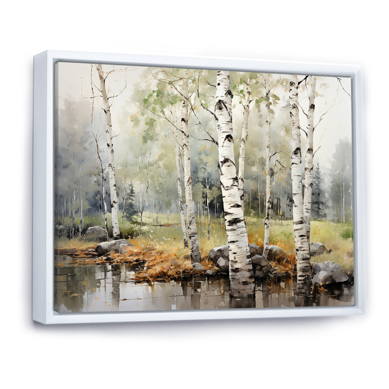 «Green Birch Wood Beauty I - Tree Birch», reproduction sur toile encadrée, Cadre flottant blanc, H 24 po x l 32 po x P 1 po