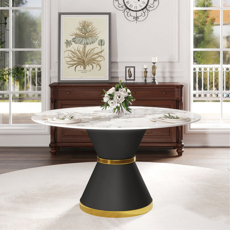 Table de salle à manger moderne 53,15 po en pierre artificielle ronde en acier au carbone noir pouvant accueillir 6 personnes