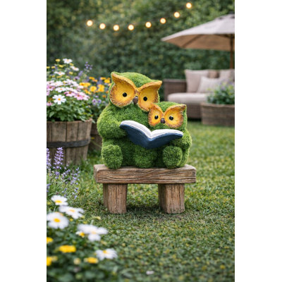 Green Turf Owl Family Reading Sculpture
