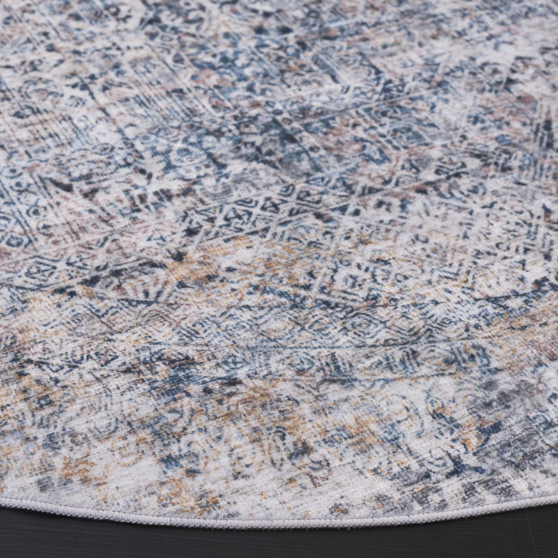 Tapis bleu marine / gris en polyester tissé à la machine Sotira, Rond 6 pi