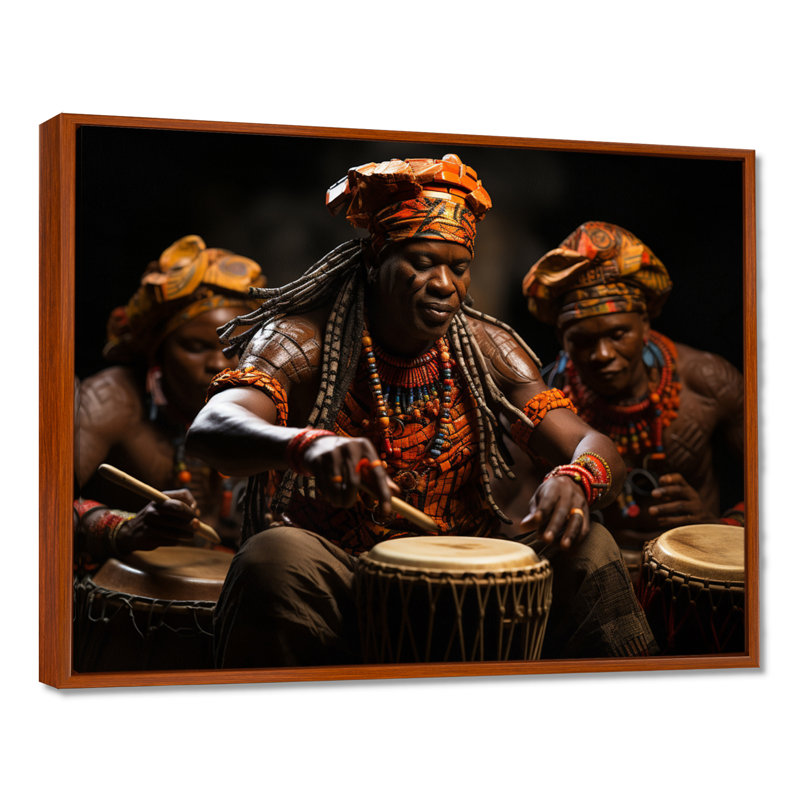 Tambour africain rythmique II - art mural africain, H 34 po x l 44 po x P 1,5 po, Cadre flottant brun