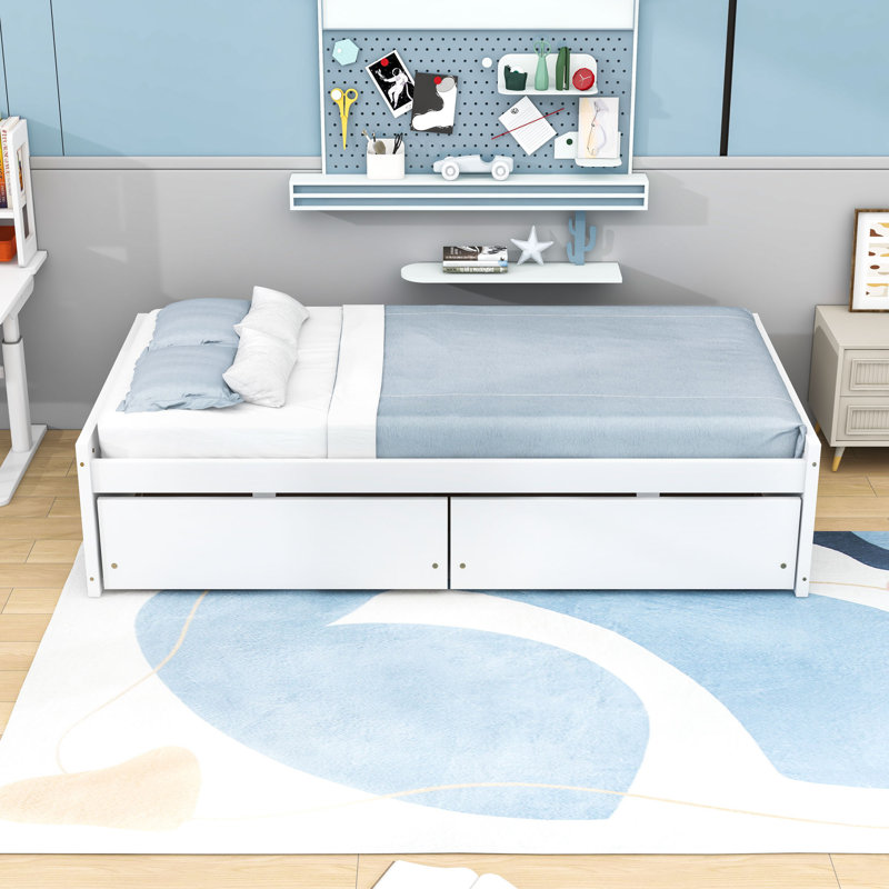 Lit plateforme simple avec tiroirs et rangement, Blanc