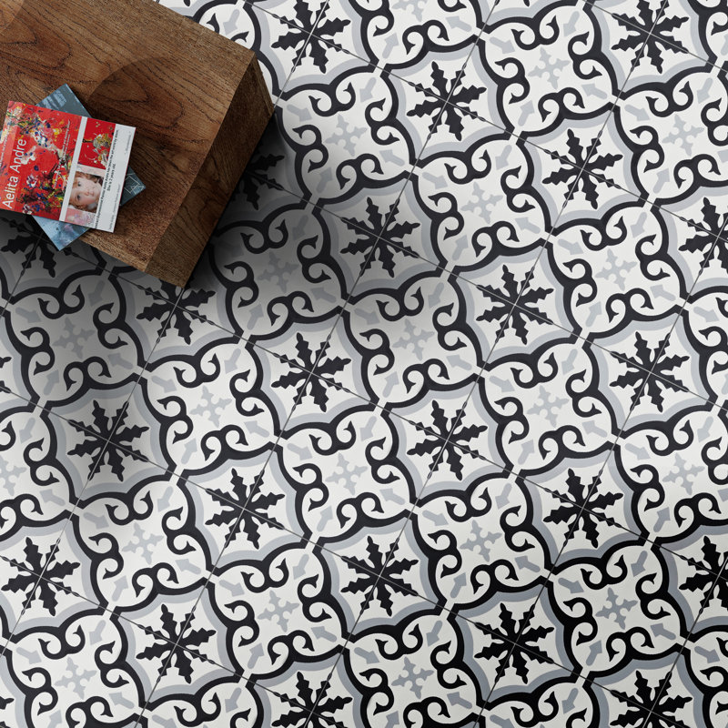 Argana 8" x 8" Cement Patterned Wall & Floor Tile, Black
