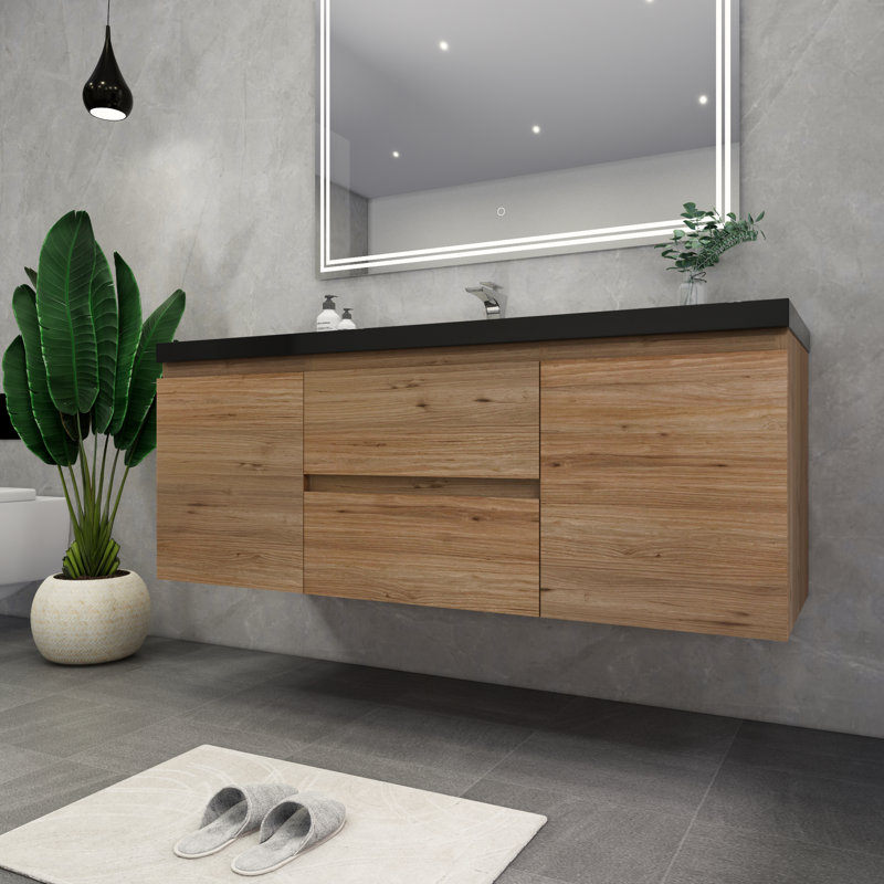 Castin 60" Wall-Mounted Single Bathroom Vanity Set, Oak
