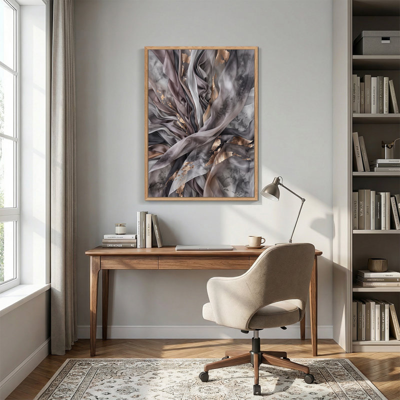 Toile tendue grise taupe avec détails de feuilles d'or, 24"H x 18"W
