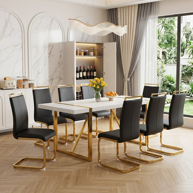 9-piece Modern 71" Wood Dining Set with Geometric Metal Base and Cantilever Chairs, 9, White/Gold