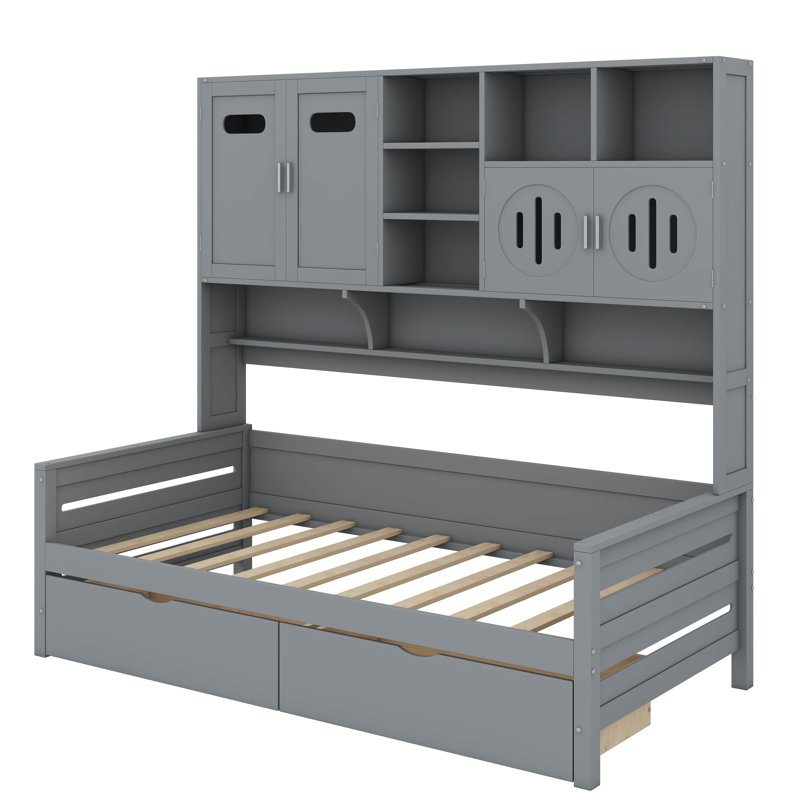 A Twin-Sized Wooden Daybed Featuring Two Built-In Drawers And A Convenient Shelf, Grey