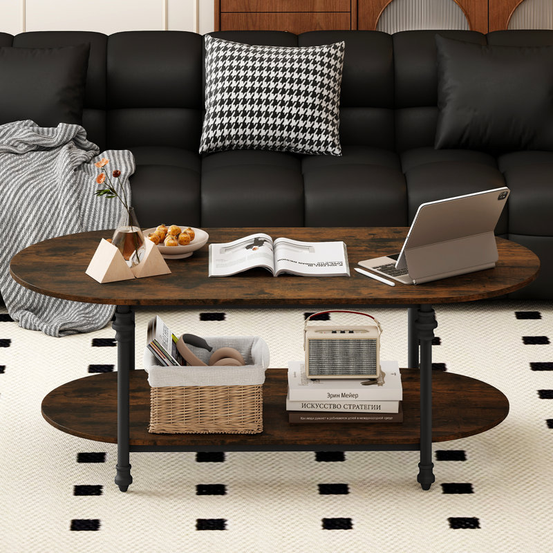 Table basse ovale avec tablettes ouvertes à 2 niveaux en bois rustique brun avec pieds colonne romaine