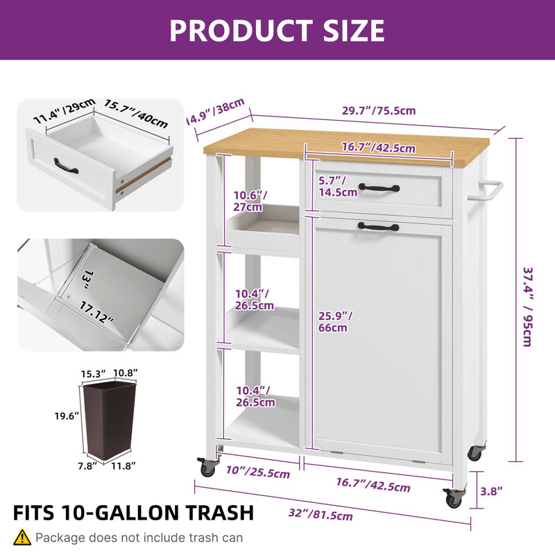 Small Rolling Portable Dining Serving Utility Kitchen Island Cart On Wheels With Trash Can Storage Cabinet For 10 Gallon Garbage Bin