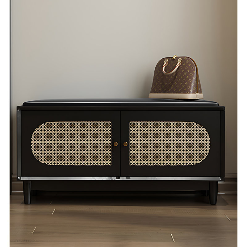 Mid - Century Modern Rattan Inserts Shoe Storage Bench, Black