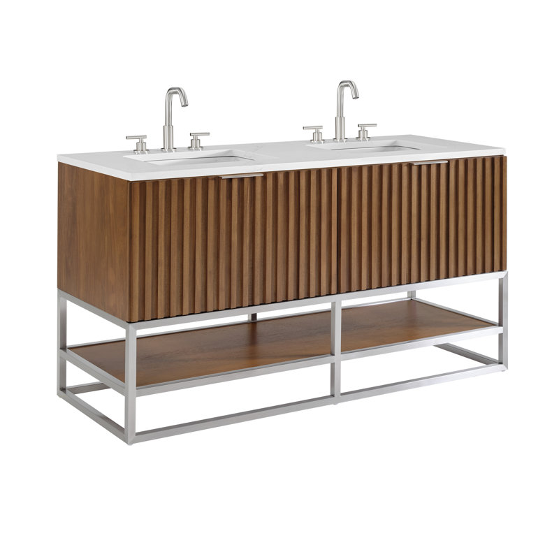 Terra 60'' W Double Vanity, Walnut, Brushed Nickel, Calacatta Quartz/Widespread