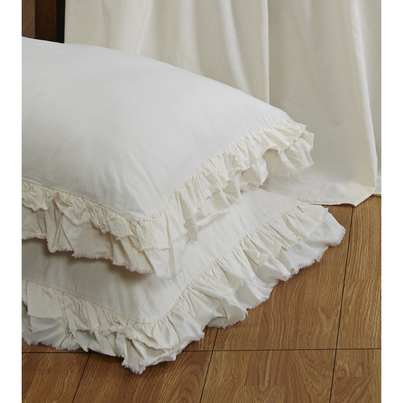Taie décorative en percale de lin avec bords à volants profonds, fermeture à enveloppe, Ivoire ivoire, Très grand lit