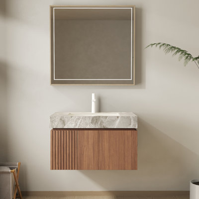 Meuble-lavabo flottant de 30 po avec lavabo, armoire de rangement avec tiroir et porte à fermeture en douceur, plateau en pierre frittée et lavabo en céramique encastrable à 1 trou, pré-assemblé, chêne brun