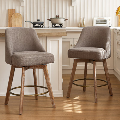 Ensemble de tabourets de bar à hauteur de comptoir Mid-Century de 2360 ° avec pieds en bois massif, chaises pour îlot avec dossier enveloppant, tissu de confort en lin gris