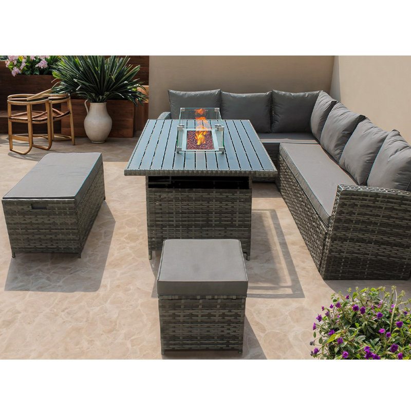 Werchter 9 Seater Corner Sofa Set with Fire-Pit Dining Table with Storage Box & Rain Cover, Grey