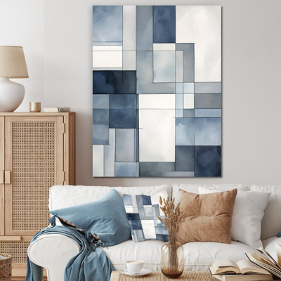 Cubist Dreams, aquarelle en bleu marine rétro délavé sur toile