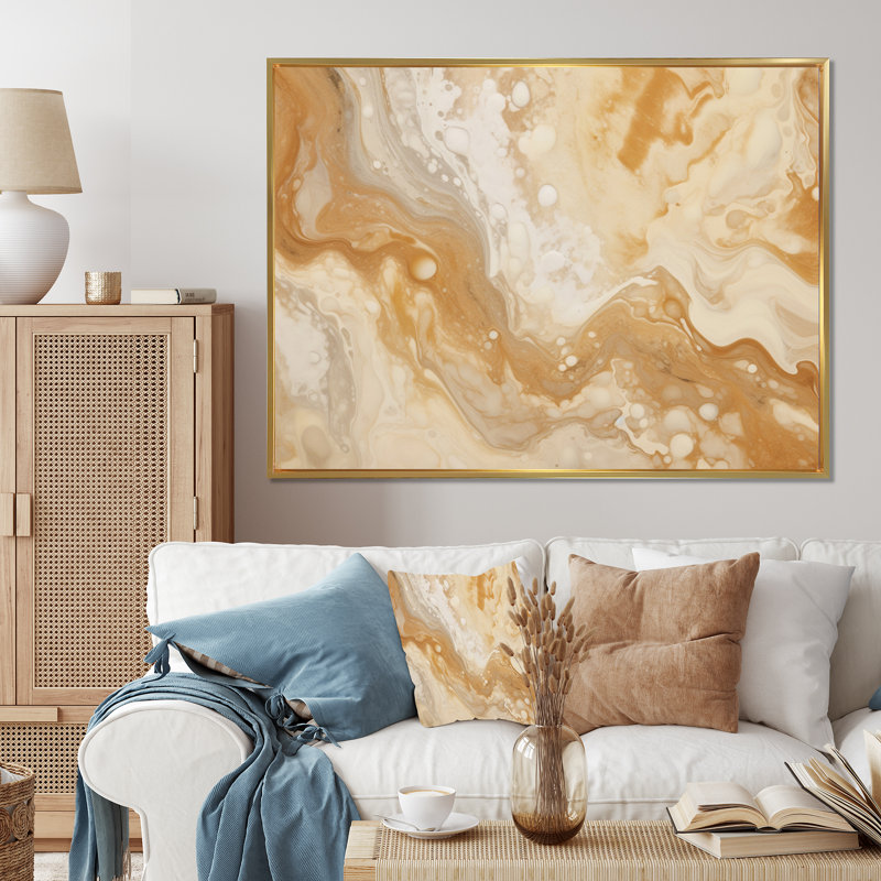 Crème marbrée Melody IV - art mural abstrait sur toile, H 16 po x l 32 po x P 1 po, Cadre flottant doré