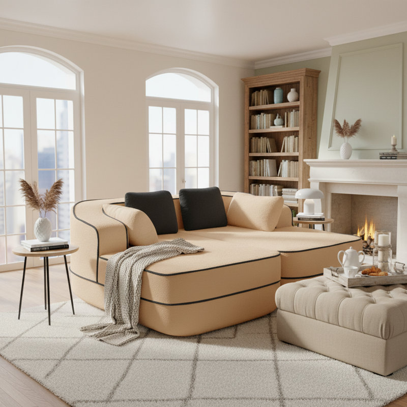 Canapé modulaire de réception de 77 po avec chaises doubles et sièges en tissu non assemblé pour hall d'entrée et salles d'attente, brun clair